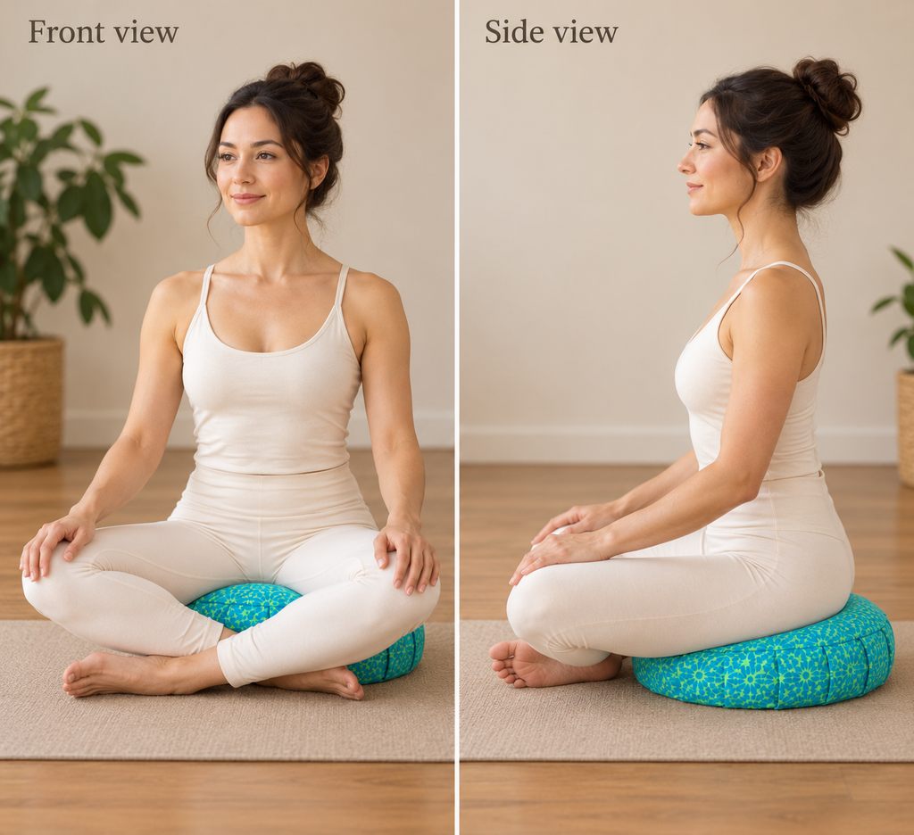 How to sit on the Yoga Meditation Cushion, front and side view